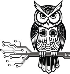 Cyber Owl Perched on Circuit Branch Tech Illustration