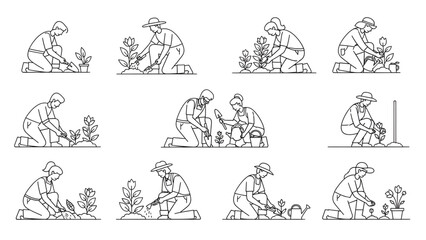 Country people crouching, farmers gardeners florists flower growers and editable line drawings in vector
