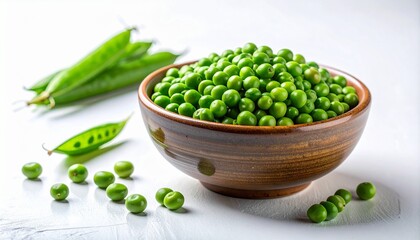 Ceramic Bowl of Fresh Green Peas on White Surface for Editorial Styling and Culinary Wellness Themes