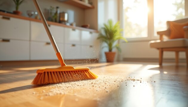 Orange broom sweeps dust, dirt across light wood floor in modern kitchen. Sunlight streams through large window, illuminating cleaning process, creating long shadows. Scene conveys tidiness, domestic - Powered by Adobe