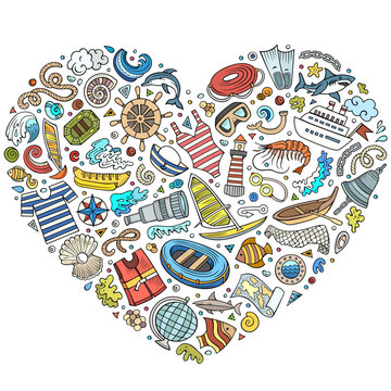 Set of Marine cartoon doodle objects. Heart form composition