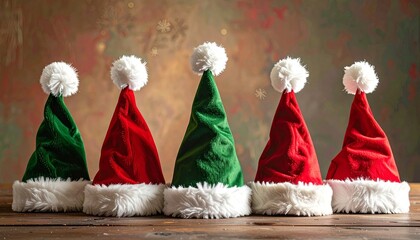 Red and Green Santa Hats in Festive Row on Wooden Surface for Editorial Styling and Christmas Celebration Themes
