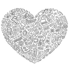 Set of podcasting cartoon doodle objects. Heart form composition