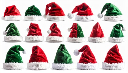 Red and Green Santa Hats in Festive Row on Wooden Surface for Editorial Styling and Christmas Celebration Themes