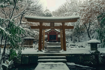 Snowy torii gate in Japanese garden.
