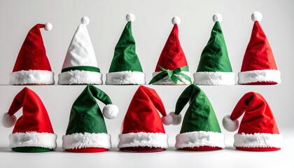 Red and Green Santa Hats in Festive Row on Wooden Surface for Editorial Styling and Christmas Celebration Themes