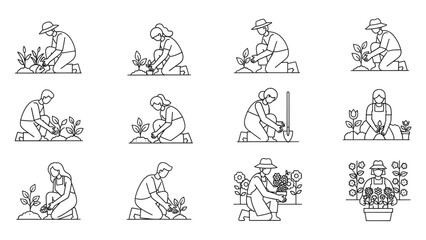 Country people crouching, farmers gardeners florists flower growers and editable line drawings in vector
