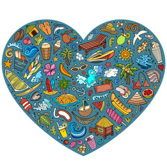 Set of Summer Beach cartoon doodle objects. Heart form composition