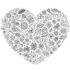 Set of Summer Nature cartoon doodle objects. Heart form composition