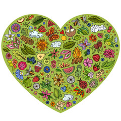 Fototapeta premium Set of Summer Nature cartoon doodle objects. Heart form composition