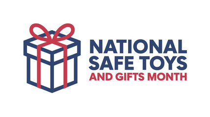 National Safe Toys and Gifts Month December awareness logo with red ribbon gift, child safety holiday campaign poster
