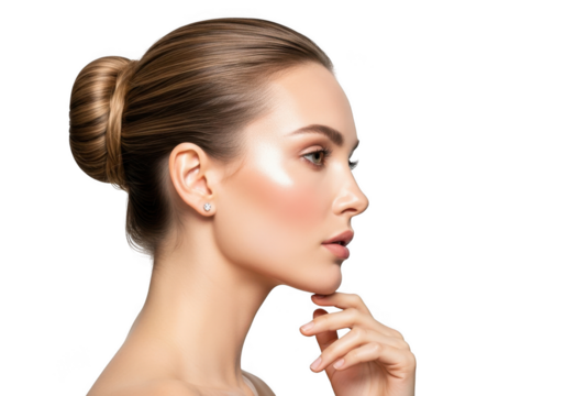 Elegant woman s profile with glowing skin and hair styled in a bun isolated on transparent background - Powered by Adobe
