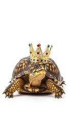 Obraz premium turtle wearing a gold ornate crown, queen or king crown, on a white background, animal photo
