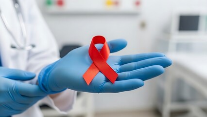 Healthcare professional holding red ribbon for aids awareness in a hospital room