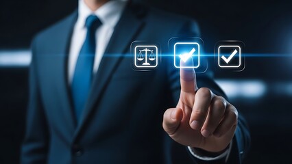 Obraz premium Businessman interacting with digital interface icons floating above his finger in air