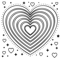 Concentric Hearts with Decorative Stars and Dots Outline Illustration