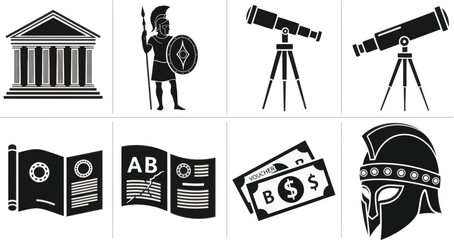 Education and Science Icon Set Ancient Warrior Finance Telescope Vector