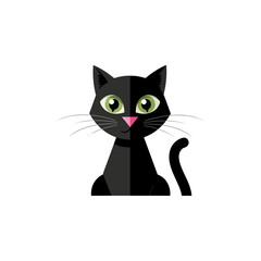 Stylized black cat with bright green eyes and pink nose, sitting elegantly, vector illustration, graphic design, minimalist style