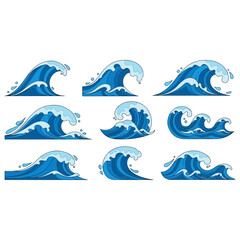 Obraz premium Collection of stylized blue ocean waves in various dynamic shapes and sizes, isolated on white background