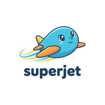 Cute Blue and Orange Cartoon Airplane Character Flying with Speed Lines and Superjet Text Below