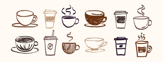 coffee in different cups in doodle style hand drawn set. colorful brown coffee time element hot drink © Yanka