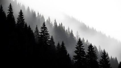 Black silhouettes of evergreen trees on a foggy mountain slope in black and white