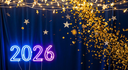 Image of blue curtain with neon sign displaying 2026, featuring confetti and string lights, representing future, celebration, and New Year.