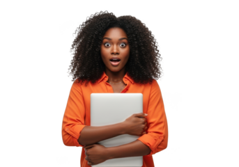 Young african american woman with wide eyes and open mouth expressing shock holding a laptop isolated on transparent background