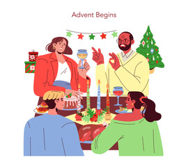 Advent Celebration Gathered Around Festive Table
