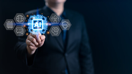 A business professional interacts with a glowing AI interface, symbolizing innovation, automation, and digital transformation in modern technology solutions for data, security, and global connectivity
