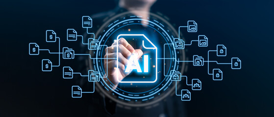 Business professional interacts with AI-powered digital document system, representing automated file processing, data extraction, secure management, financial documents, and smart workflow solutions.