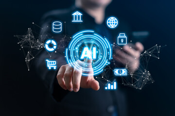 Business professional interacts with a glowing AI interface representing data analytics, automation workflows, finance technology, e-commerce solutions, and cybersecurity in modern digital.