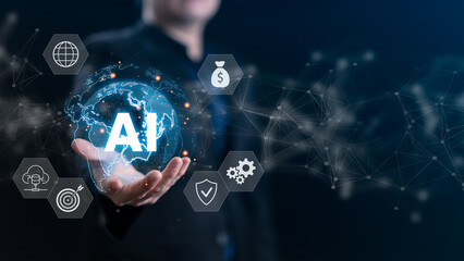Business professional holds a glowing AI globe, symbolizing global technology, automation, finance innovation, cloud computing, security solutions, and digital transformation in modern business.