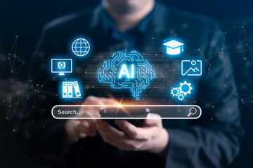 A business professional uses a smartphone to access an AI-powered search interface, representing smart knowledge management, digital learning, global information, and automated content discovery.