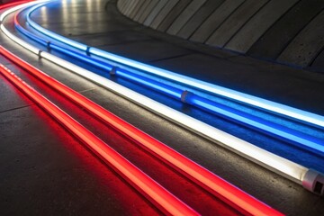 Long exposure light trails of red and blue neon tubes on dark pavement