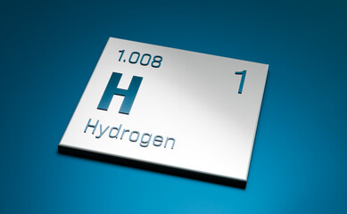 Hydrogen, H, periodic table element. Science, metal, chemical element, structure, atomic weight, atomic number. 3D illustration