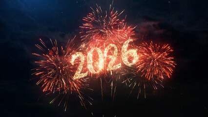 2026 Happy New Year greeting text with particles and sparks on black night sky with colored fireworks on background, beautiful typography magic design illustration.