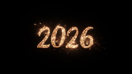 2026 Happy New Year greeting text with particles and sparks on black background, beautiful typography magic design illustration.