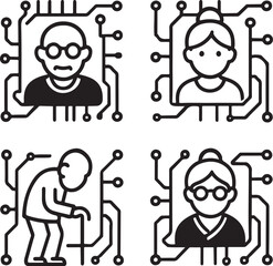 Elderly circuit icon, elderly senior care vector, senior elderly care symbol, minimal black tech, editable outline, thin stroke digital, interface ui ux, aged elderly care icon