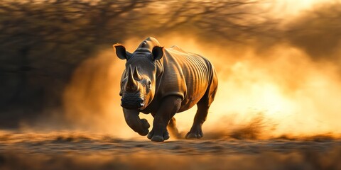Powerful Rhino Charging Through Dust - A Majestic Wildlife Encounter.