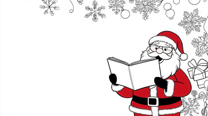 Santa Claus reading book festive decorations Christmas theme joyful expression holiday spirit winter season gifts snowflakes ornaments