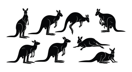 Silhouette illustrations of kangaroos in various poses and arrangements