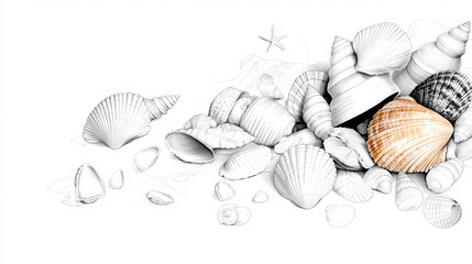 Collection of various seashells arranged artistically, showcasing intricate patterns and textures. image evokes sense of calm and connection to
