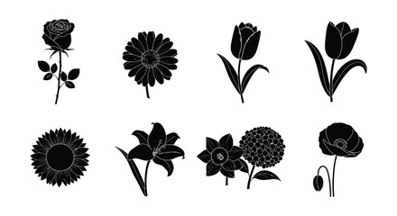 Black and white floral silhouettes of various blooming flowers arranged on white