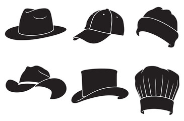 Hat Silhouette Icon Set – 6 Black Fashion Headwear Shapes Vector