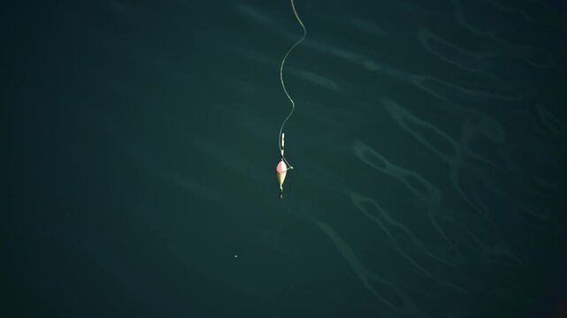 A fishing line and float gently drifting on dark water, minimal and serene