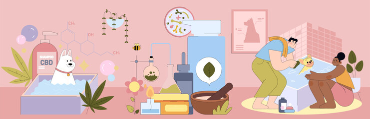 CBD Pet Shampoo and Couple Bathing Dog Vector Illustration