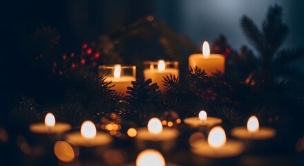 Softly glowing candles create a warm and inviting ambiance in the darkness