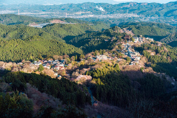 Mount Yoshino with traditional village among cherry blossom or sakura blooming during spring in the morning