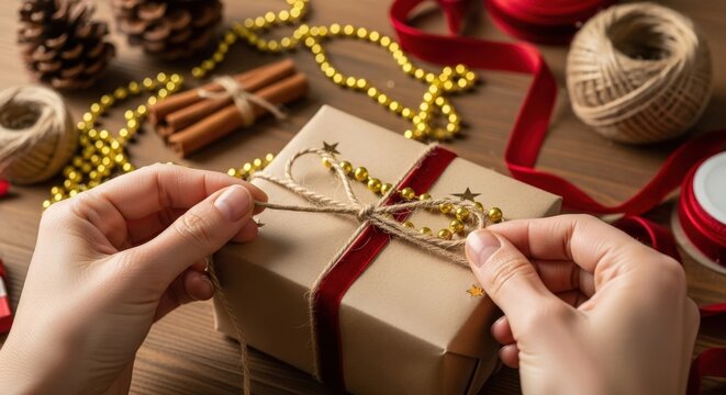 Hands wrapping a gift with ribbon and twine